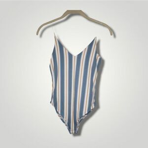 Gaze Women's Spaghetti Strap Snap Blue Vertical Stripe Bodysuit Size XS